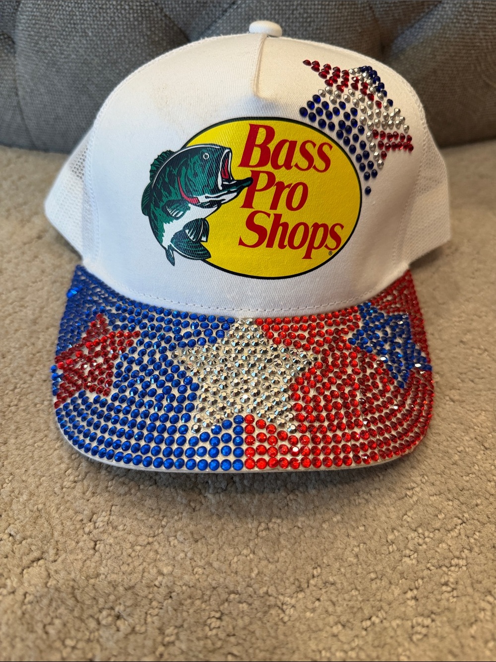 Bass Pro Shops White Trucker Hat with Red, Blue & Silver Rhinestone Star Accents